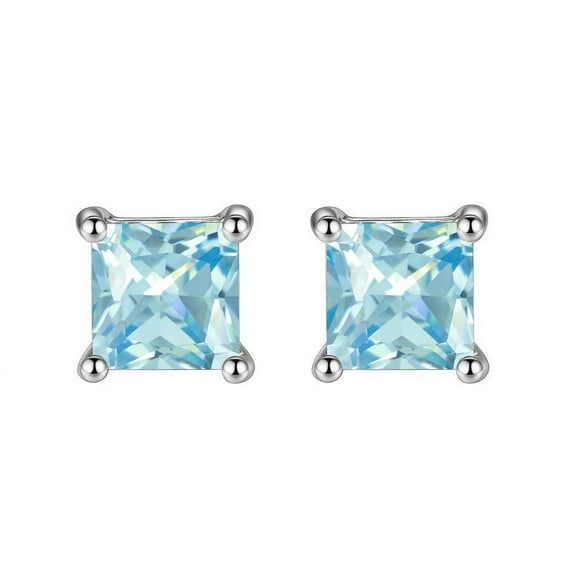 Bonjour Jewelers 14k White Gold Plated Created Blue Topaz Princess Cut Stud Earrings 6mm