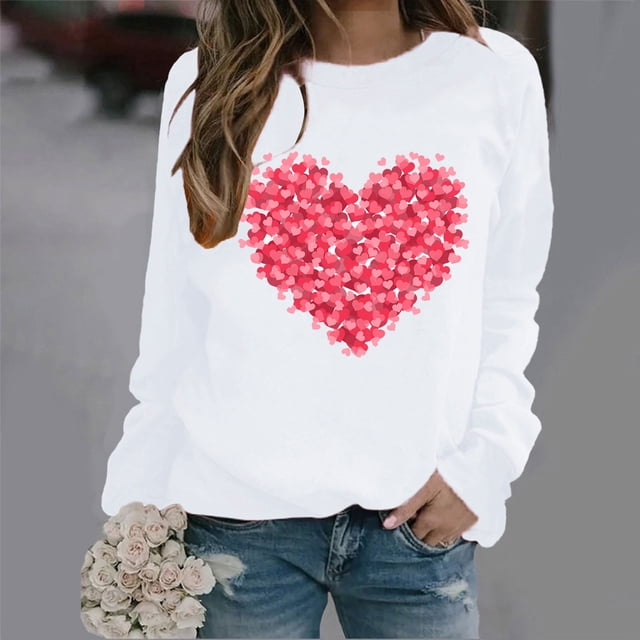 Styesk Chandails à Manches Longues pour Femmes, Imprimé de Cœur, Hauts de Sortie, T-Shirts Confortables et Doux à Col Rond, Chandail à Enfiler, Mode, Ample, Léger, Chandail en Molleton, Graphique de la Saint-Valentin, Hauts Décontractés
