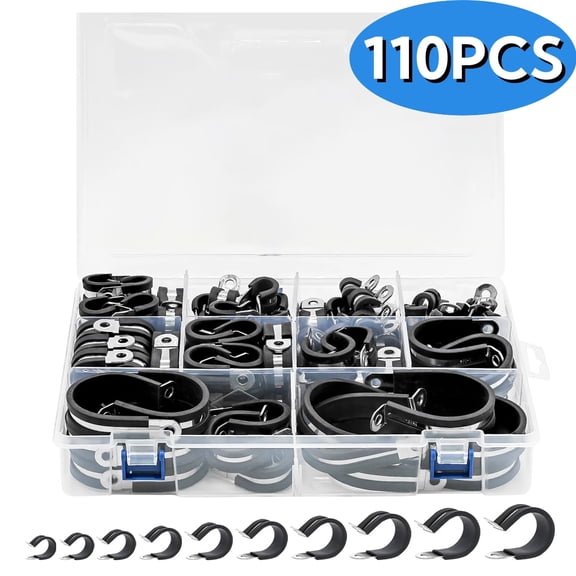 Cable Clamps Assortment Kit, 110PCS Stainless Steel Rubber Coated Cushioned Insulated Cable Clamp Automotive Wire Pipe Clamps