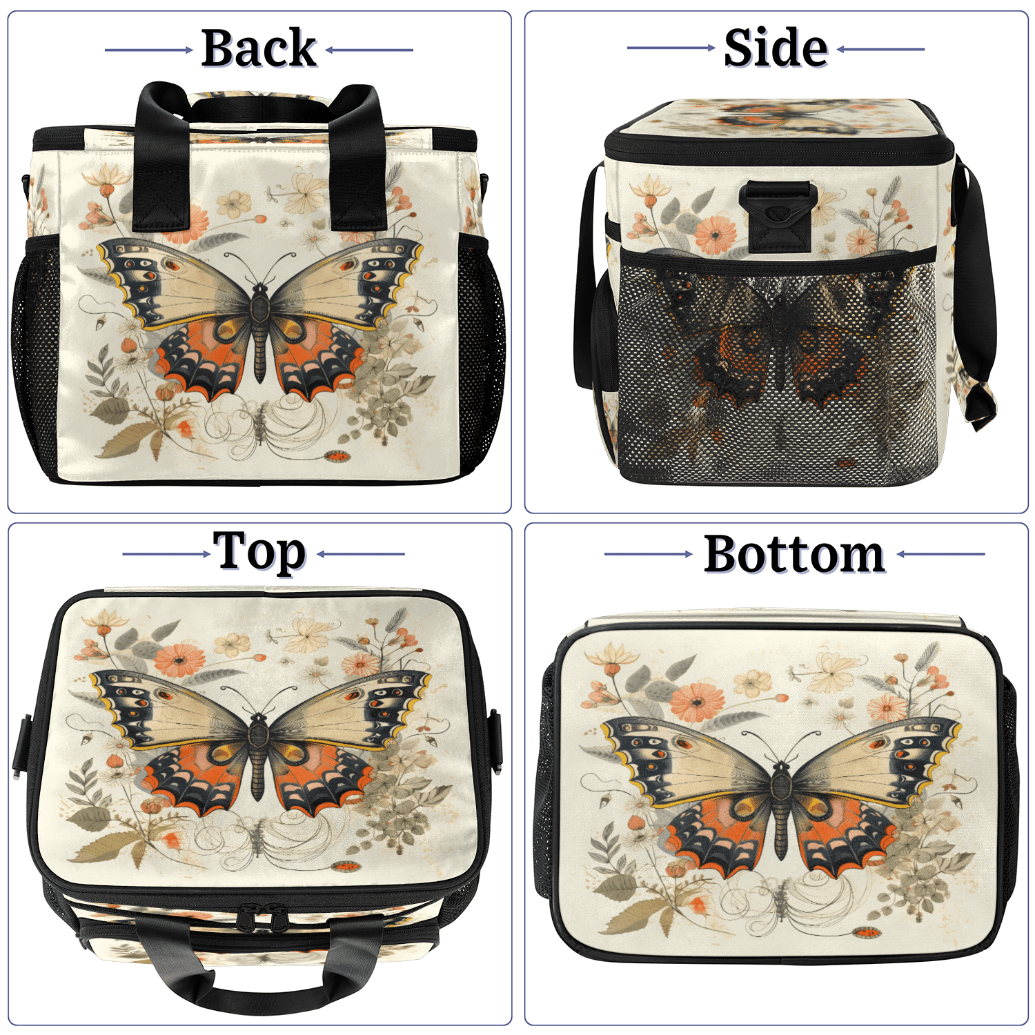 Herdesigns Flower Butterfly Large Lunch Box for Adults Women Men with Adjustable Shoulder Strap, Insulated Reusable Lunch Bag Leakproof Cooler Tote Bag