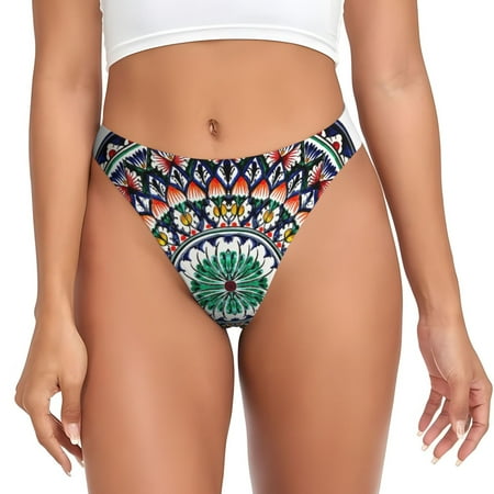 Qokaie Colorful With Blue Oriental Printed Women s Cotton Thong Underwear  Sexy Breathable Panties G-string-Large