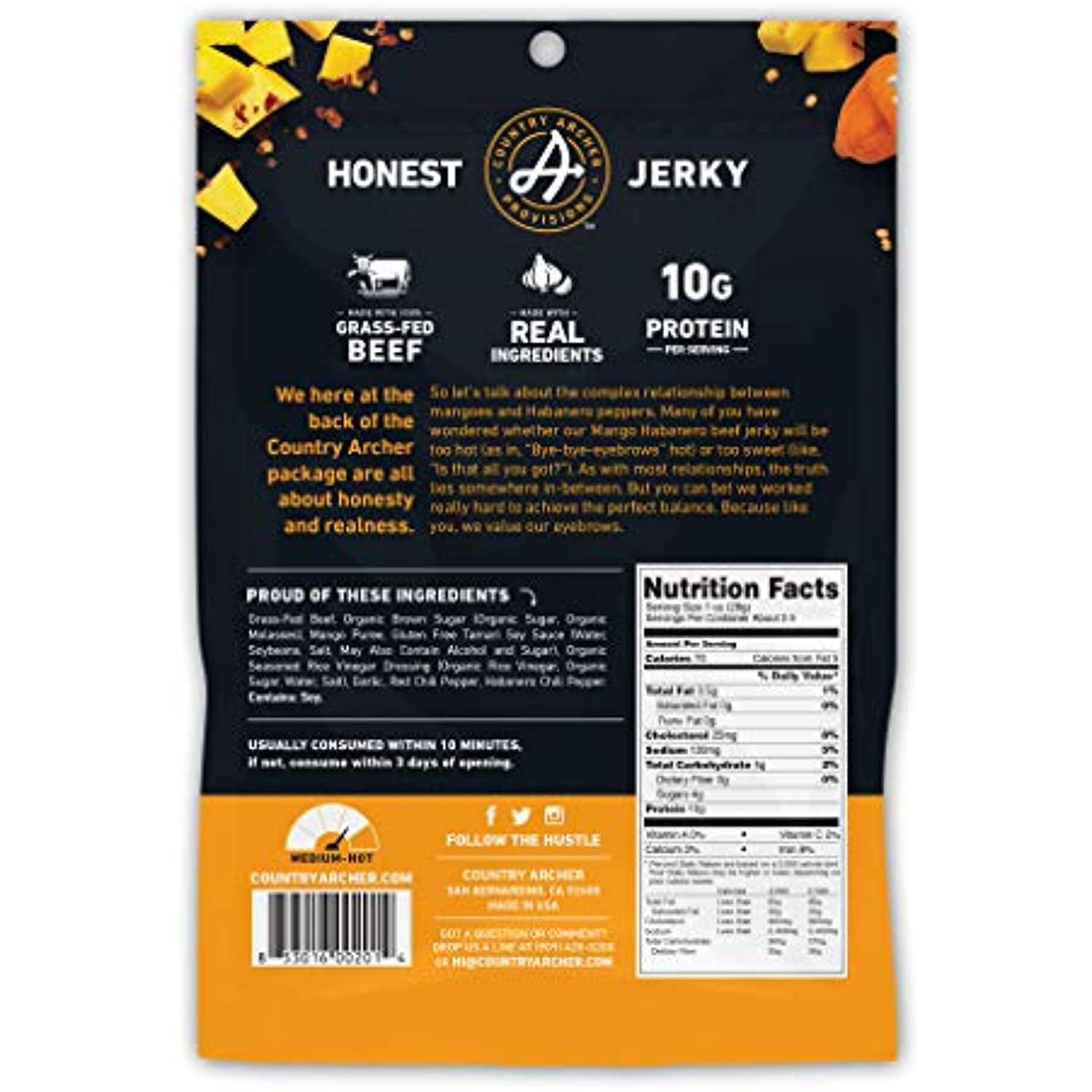 Mango Habanero Beef Jerky by Country Archer, 100% Grass-Fed, Gluten Free, 2.5 Ounce (4 Pack)