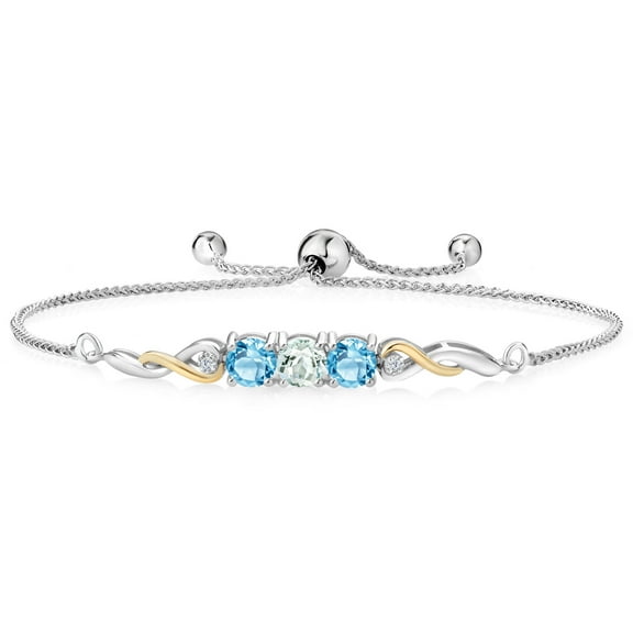 925 Sterling Silver and 10K Yellow Gold Sky Blue Aquamarine Swiss Blue Topaz and White Lab Grown Diamond Tennis Bracelet for Women (1.82 Cttw, Gemstone March Birthstone, Fully Adjustable up to 9 inch)