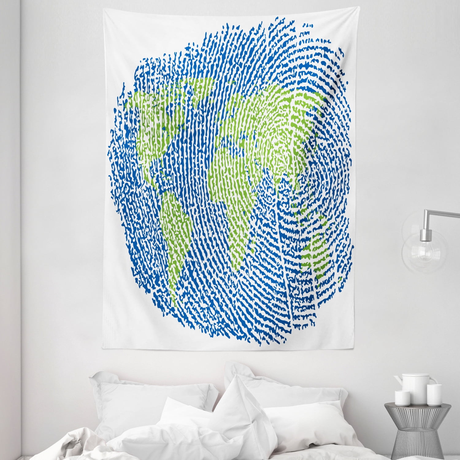 World Map Tapestry, Map of the World Fingerprint Style Continents Asia Europe Africa America 