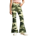 thumbnail image 2 of Spazoro Girls Flare Pants with Pockets, Button Closure Camouflage Print Relaxed Fit Lightweight Retro Bell‑Bottom Trousers for Street Daily Wear Green Size 9-10, 2 of 7