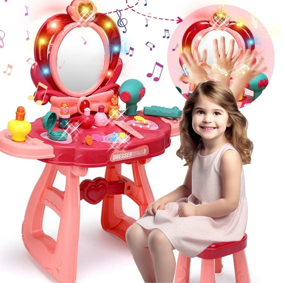 JoyStone Toddler Makeup Table and Chair Set with Mirror, Hair Dryer and Accessories, Durable Plastic Princess Vanity Toy for Girls Ages 3-6 (Pink)