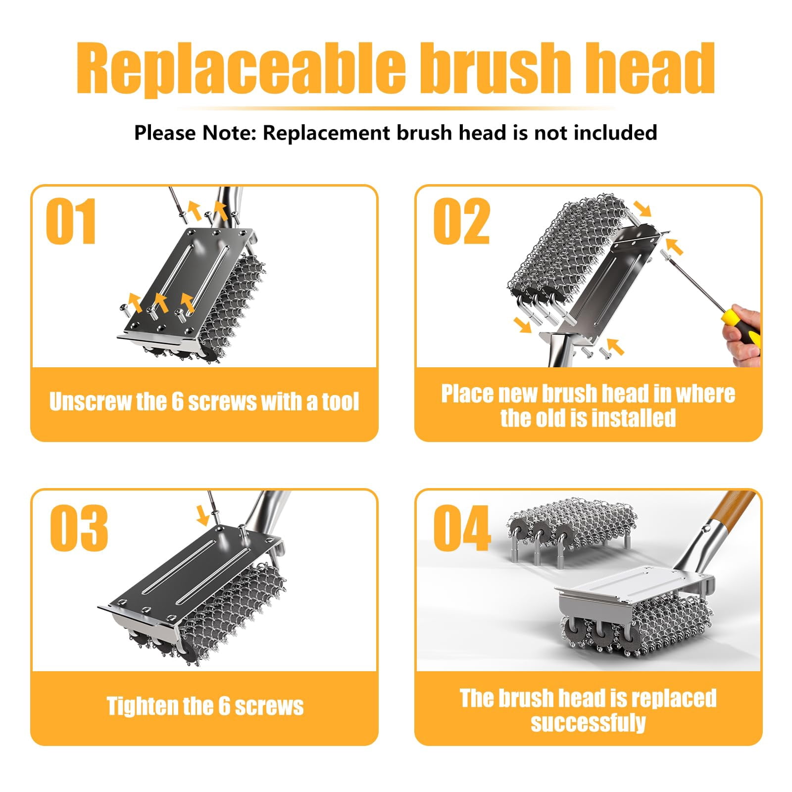 Rosaver Bristle-Free Grill Brush with Scraper, 3-in-1 BBQ Cleaner with Stainless Steel Mesh & Silicone Core, Detachable Head, Safe for Gas Charcoal Porcelain Grills