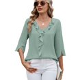 thumbnail image 2 of Womens Dressy Casual Blouses 3/4 Sleeve V Neck Ruffle Tops Business Ladies Summer 2025 Work Shirt Light green XL, 2 of 7