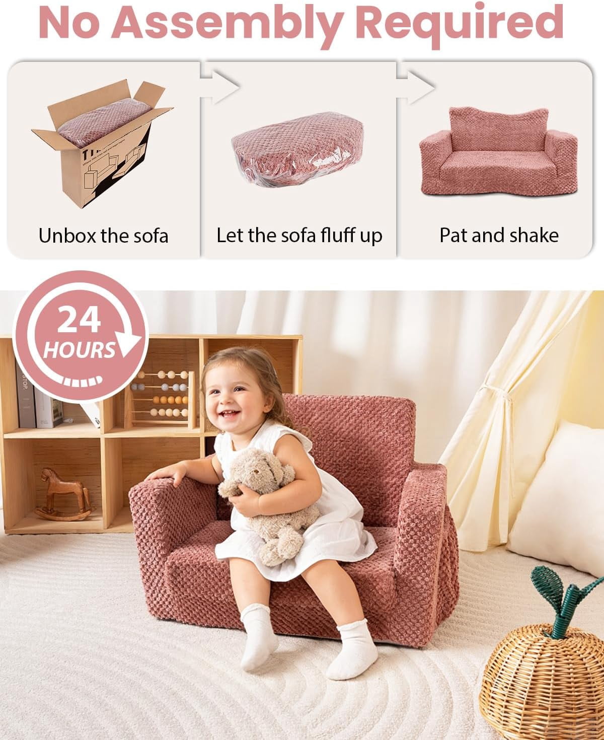 Beavtaens Foldable Toddler Couch with Soft Sherpa Cover, 2-in-1 Comfy Toddler Sofa & Lounger for 1-3 Years Old Girls Boys, Kids Chair with Pockets & Handle for Reading, Playroom, Pink