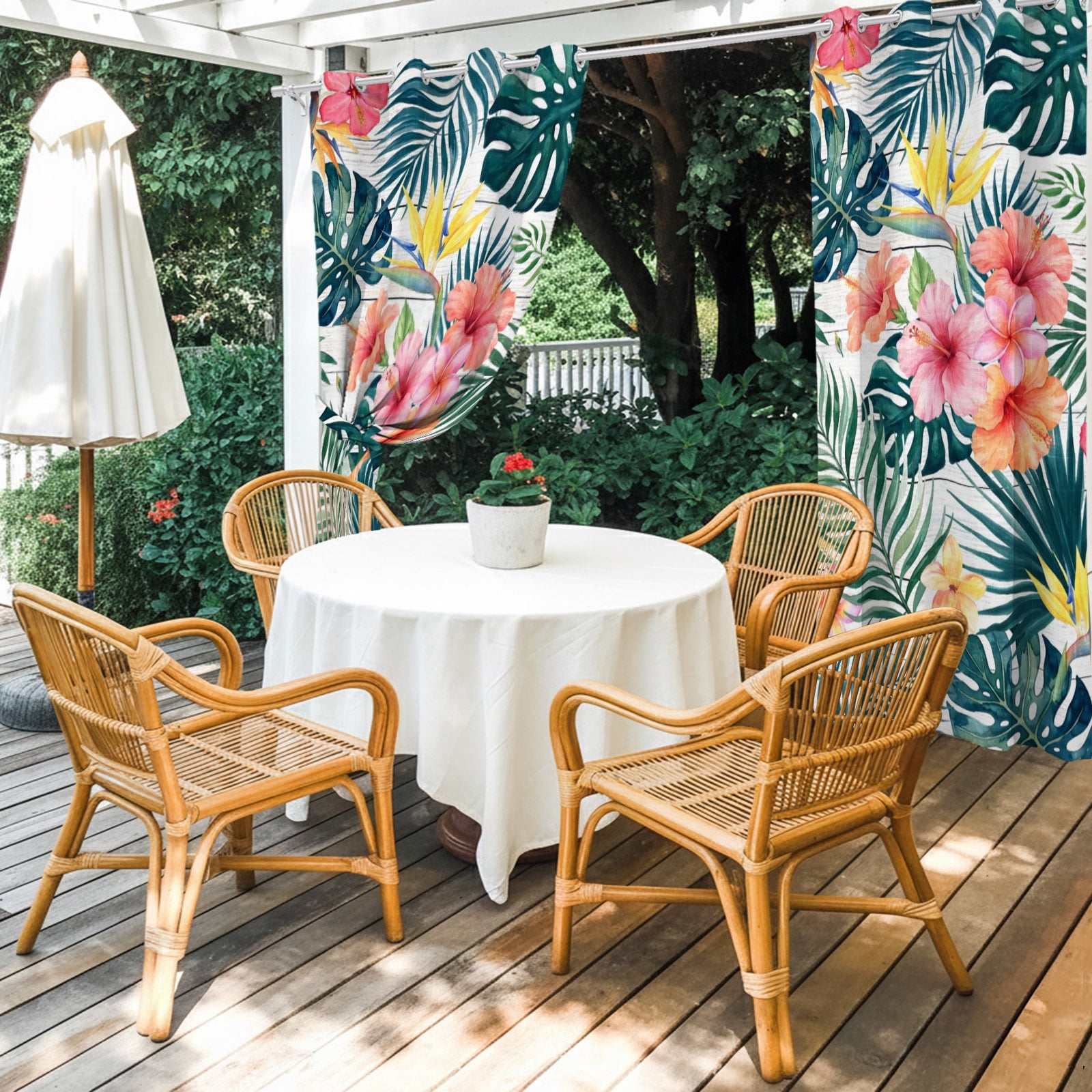 Pink Hibiscus Flower Outdoor Curtains for Patio, Palm Leaf Summer Coastal Tropical Botanical Sunshade Privacy Drapes Grommet Waterproof Outside Curtains for Porch/Cabana/Balcony 54"x 108", 1 Panel
