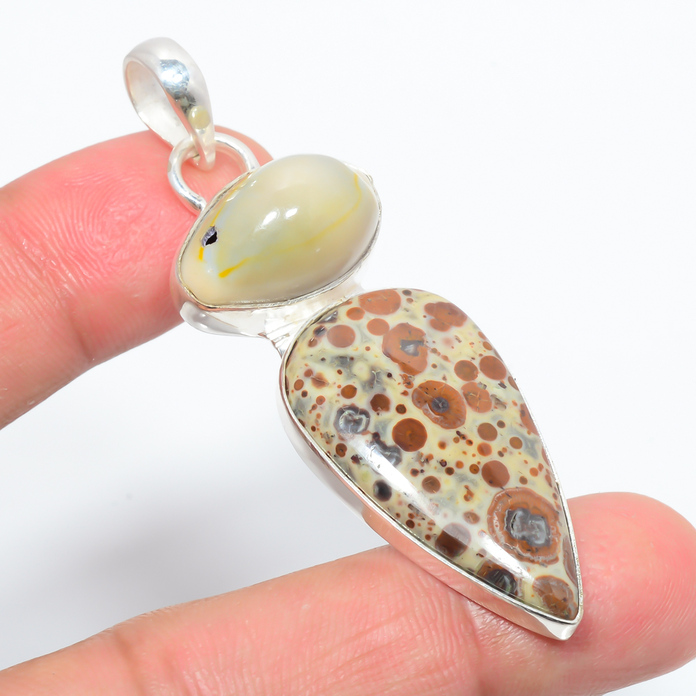 Leopard Skin Jasper Tonopah & Shell 925 Sterling Silver Pendant 2.5