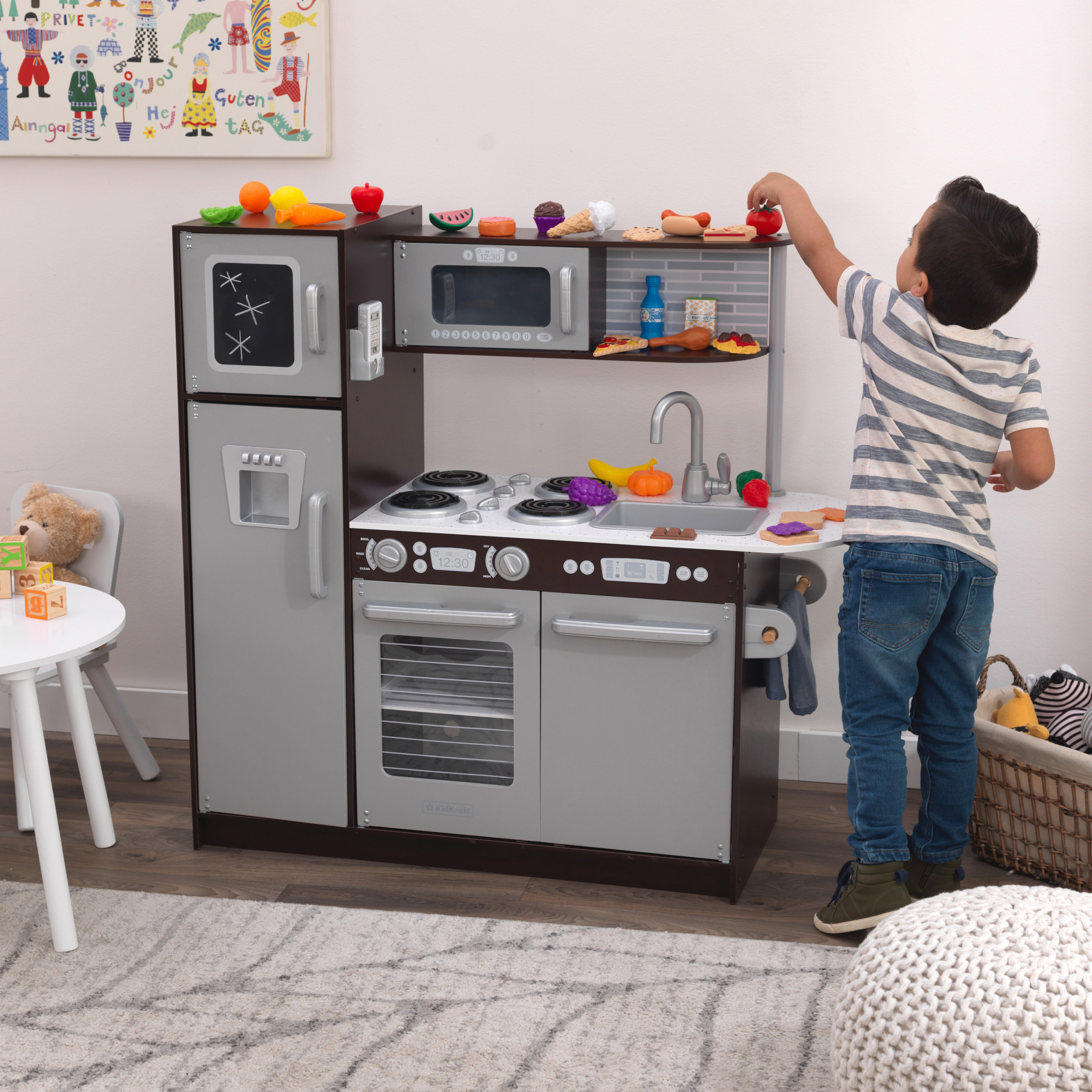 KidKraft Uptown Espresso Play Kitchen with 30-Piece Play Food