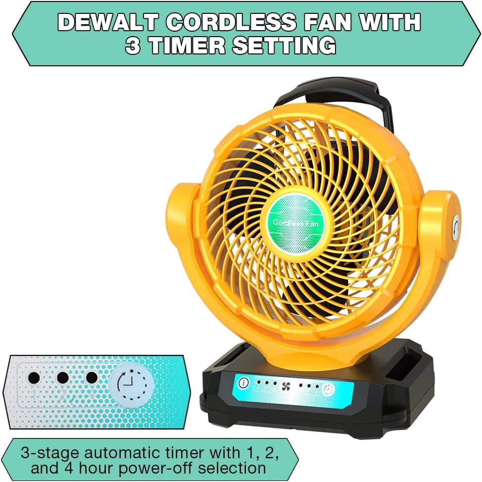 for Dewalt 20V Fan, Cordless Work Fan Powered by Dewalt 20V Max Battery/AC Cord, Quiet Brushless Fan, 3500CFM Outdoor Jobsite Fan with 3 Speeds, 4H Timer, Hanging Hook for Camping, Garage