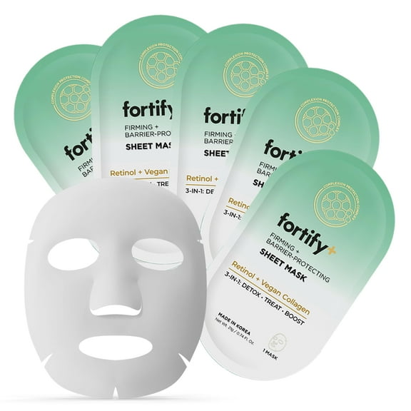 Fortify Skincare Face Mask with Retinol and Collagen - Dermatologist Tested, Anti Aging - Firming & Barrier Protecting - 3-in-1: Detox - Treat- Boost - Clean Beauty, Korean Skin Care, 5 Sheet Masks
