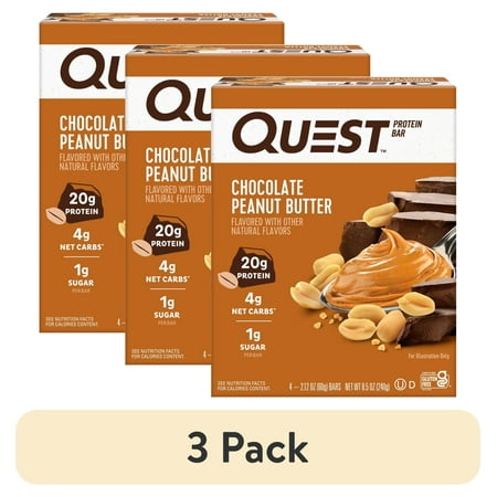 (3 pack) Quest Protein Bar, Chocolate Peanut Butter Flavor, High Protein, Gluten Free, 2.12oz, 4 Count