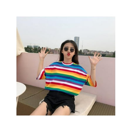 Lavaport Women's Rainbow Striped Loose T-shirt Half Sleeves Tops Casual