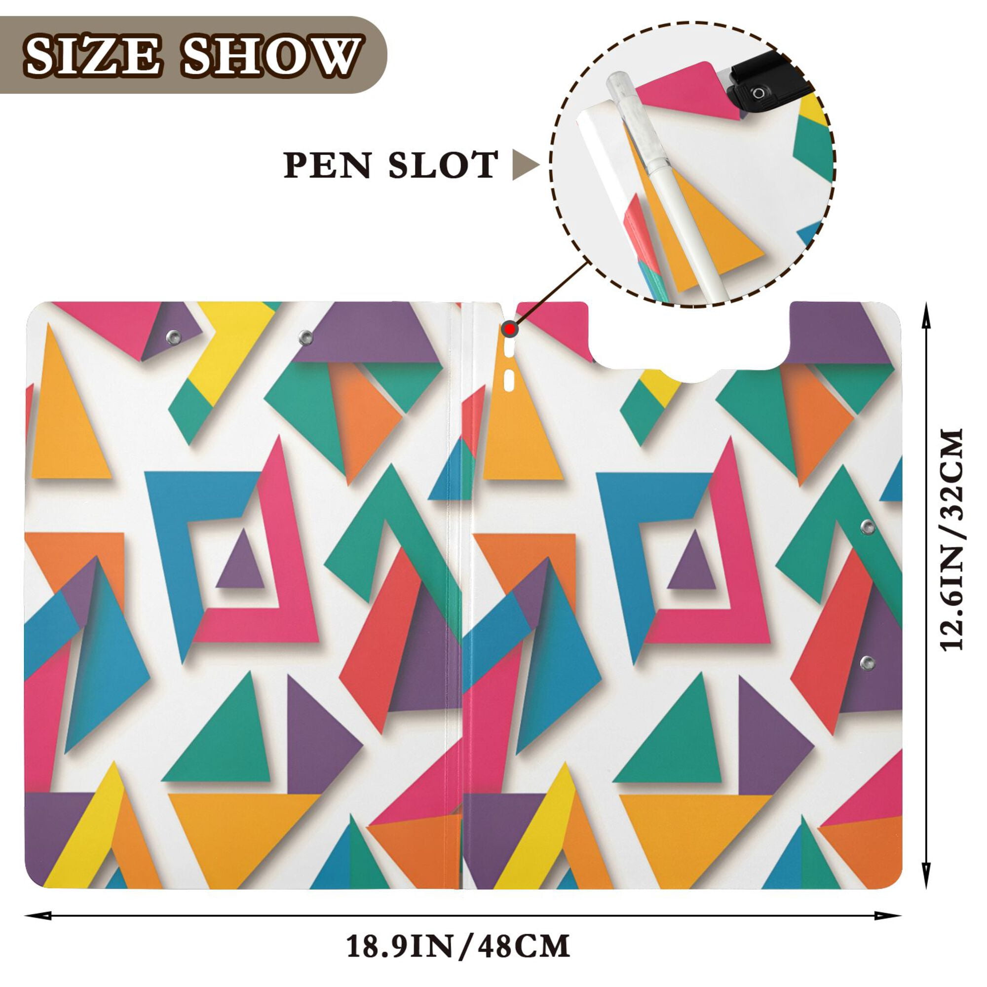 FORMRS A4 Clipboard Folder with Pen Holder Horizontal Foldable School Office Binder, Purple Triangles