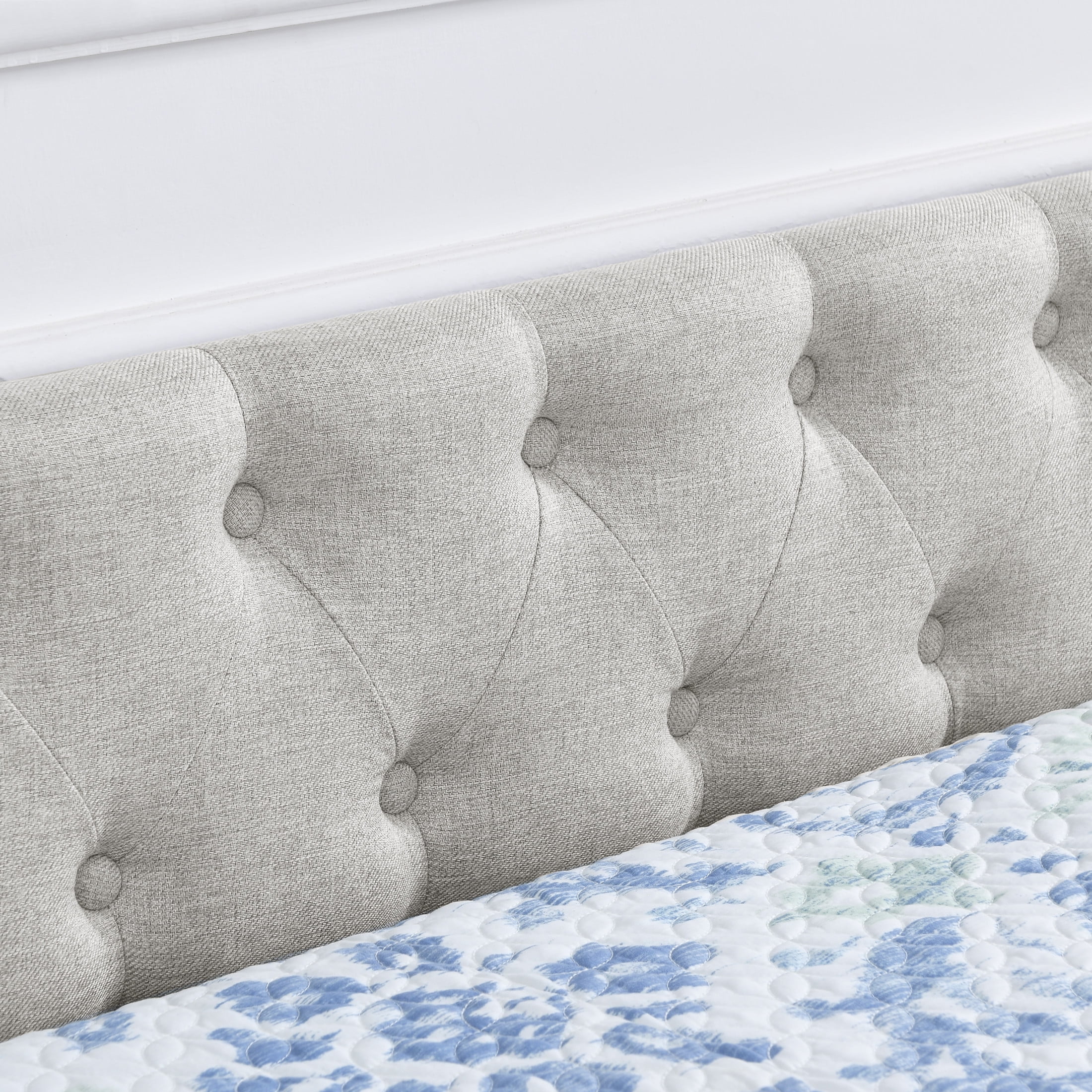 Noble House Queen Size Button Tufted Daybed, Linen Sofa Bed Frame with Storage Drawers and Nailhead Waved Arms, Beige