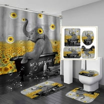 4PCS Funny Elephant Shower Curtain Set, Yellow Floral Sunflower Field Bubble Bathtub African Wild Animal Sunflower Bathroom Decor, Waterproof Fabric Shower Curtain Non-slip Bath Mat Toilet Rug
