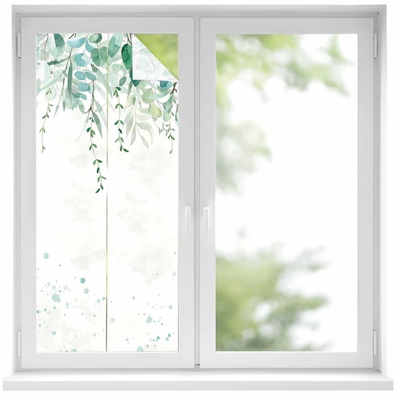 Teal Botanical Window Privacy Film, Spring Weeping Eucalyptus Leaves Static Cling UV Sun Blocking Heat Control Window Tint Day and Night, Non-Adhesive One Way Windows Privacy Cover 17.7''x39.3''