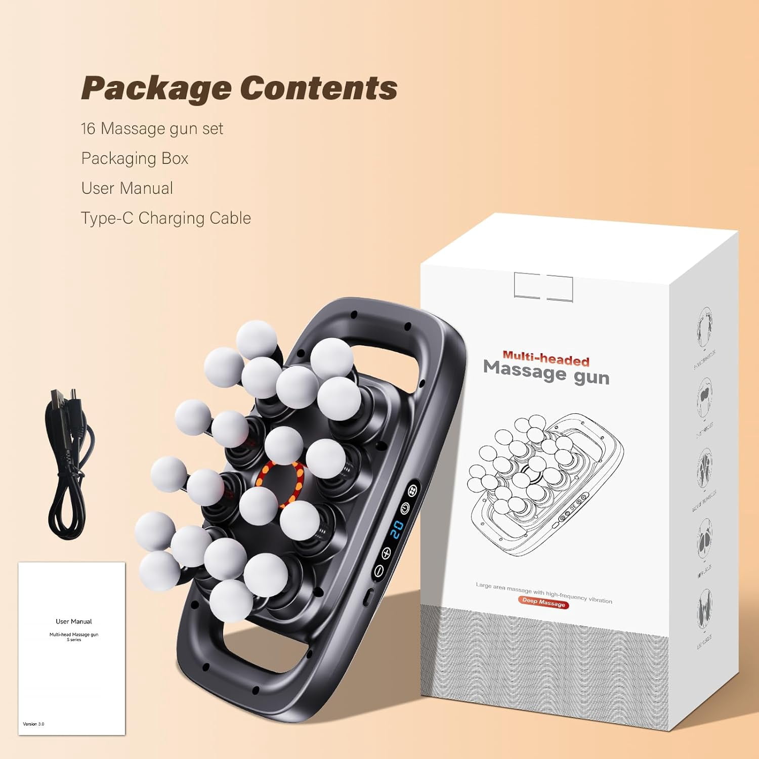 20 Head Massage Gun Deep Tissue, 2026 Upgrade Back Muscle Massager with 3 Modes & 30 Intensities, 2600mAh Battery Quiet Percussion Massager for Legs, Waist, Back Pain Relief