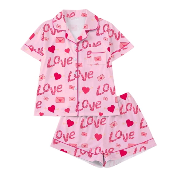 Valentine's Day Womens Pajama Floral Print Long Sleeve Top With Lapel And Pants Soft Sleepwear For Cozy Nights