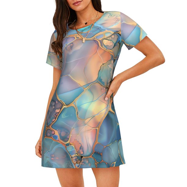 Easygdp Pastel Abstract Fluid Art Camisón de manga corta para mujer, informal, estampado