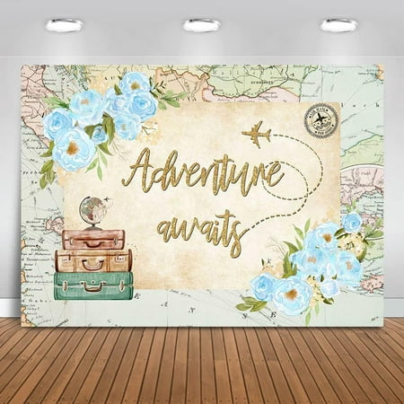 Image of Adventure Awaits Baby Shower Backdrop World Map Boy Baby Shower Photography Background Blue Floral Travel Baby Shower Party Decoration Banner Photo Studio Props (7x5ft)