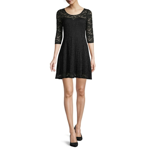 MATERIAL GIRL Womens Black Lace 3 4 Sleeve Jewel Neck Mini Party Fit Flare Dress XXS Walmart