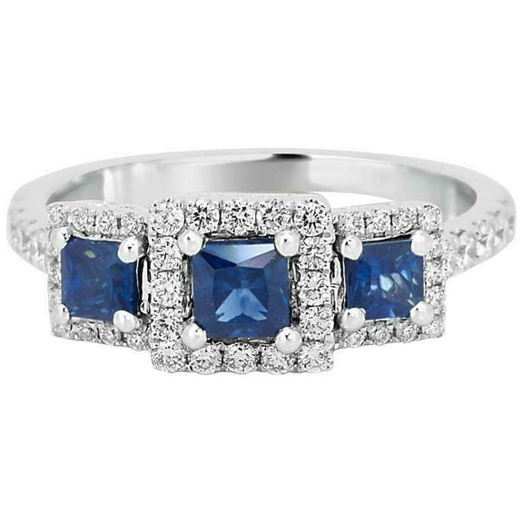 HeartsAndYou 2ct Natural Sapphire & Diamond Engagement Ring Trilogy Halo 14k SOLID White Gold