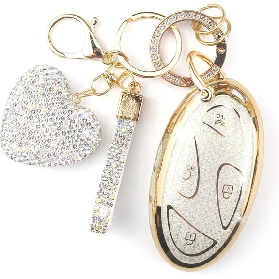 Key Fob Cover with Diamond Keychain Fit for Hyundai Car Key Holder Case Compatible with Hyundai loniq 6 Grandeur GN7 KONA 2023 2024 Smart Remote Key Protector, 5/7 Buttons (White-Heart)