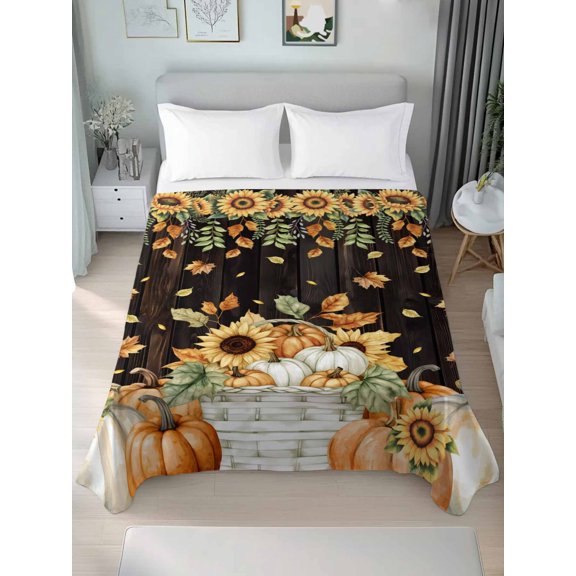Twin Flat Sheet Only Pastoral Pumpkin Maple Leaf Sunflower Soft Microfiber Cooling Bedding Sheets Autumn Brown Wood Flat Bed Sheet for Hotel,Home Decor