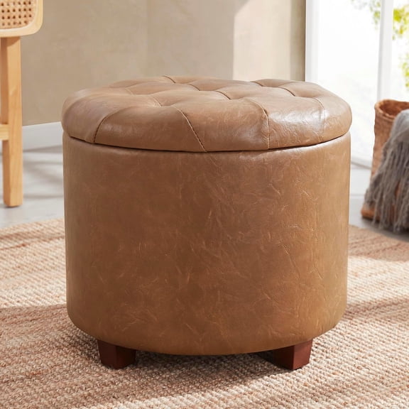 Ornavo Home Round Storage Ottoman with Lid – 18" Faux Leather Tufted Ottoman with Storage, Foot Rest Stool & Vanity Chair for Living Room, Bedroom, Entryway – Holds 300 lbs, Mocha