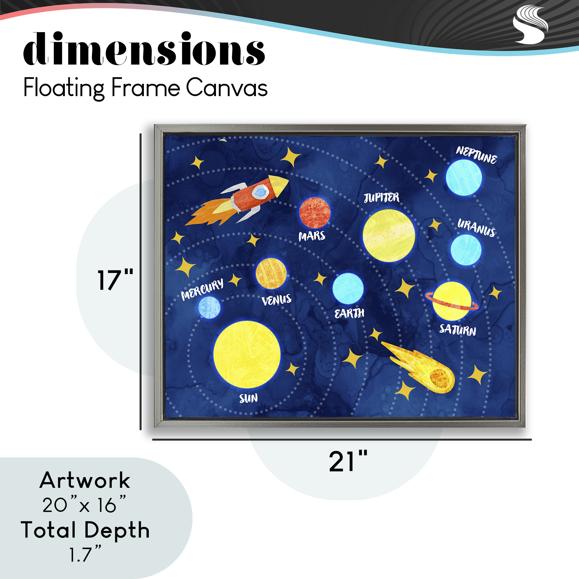 Rocket Across Solar System Gray Framed Floater Canvas Wall Art, design by Daphne Polselli
