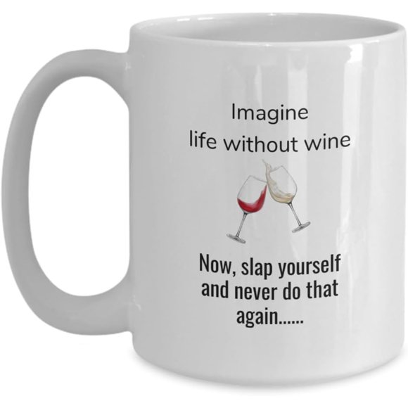 Funny Coffee Mug Imagine Life Without Wine, Sarcastic Gift For Wine Lover White Ceramic Coffee Cup, 11oz