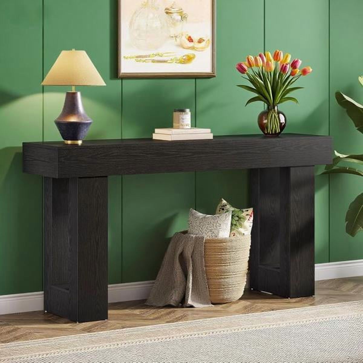 63" Farmhouse Console Table, Rustic Hallway Entryway Table, Engineered Wood MDF, Sturdy with Foot Pads, for Living Room Sofa Hallway, Black
