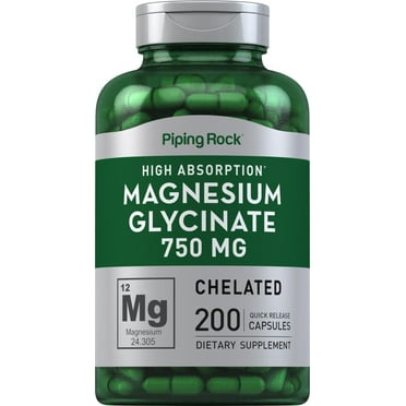 Magnesium Glycinate Capsules | 750mg | 200 Count | High Absorption | Chelated | Non-GMO and Gluten Free Supplement | by Piping Rock