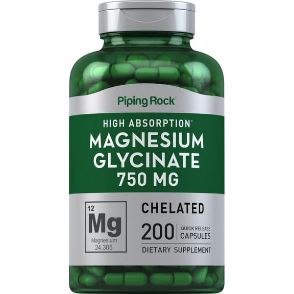 Magnesium Glycinate Capsules | 750mg | 200 Count | High Absorption | Chelated | Non-GMO and Gluten Free Supplement | by Piping Rock