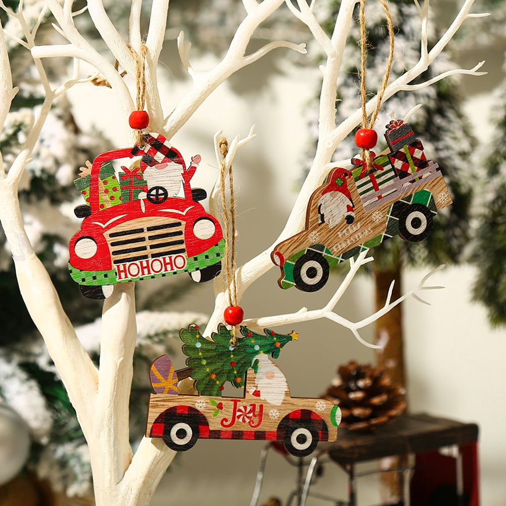 Wooden Christmas Truck Ornaments,9 Pcs Christmas Tree Ornaments Vintage Christmas Decorations,Red Truck DIY Craft for Christmas Tree,Holiday Decorative Pendant,Hanging Signs for Home Decoration