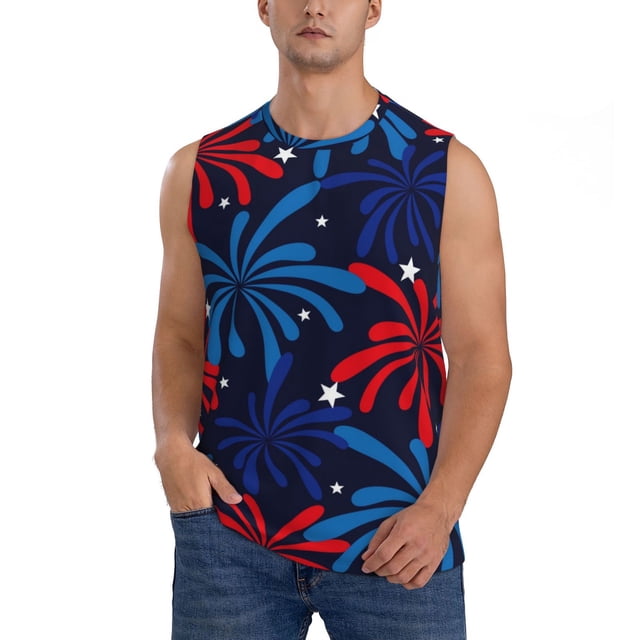 Fotbe Red White Blue Fireworks Men's Camiseta sin Mangas Estampada para Hombres, Playera Casual para Gimnasio, Entrenamiento, Playa-Medium