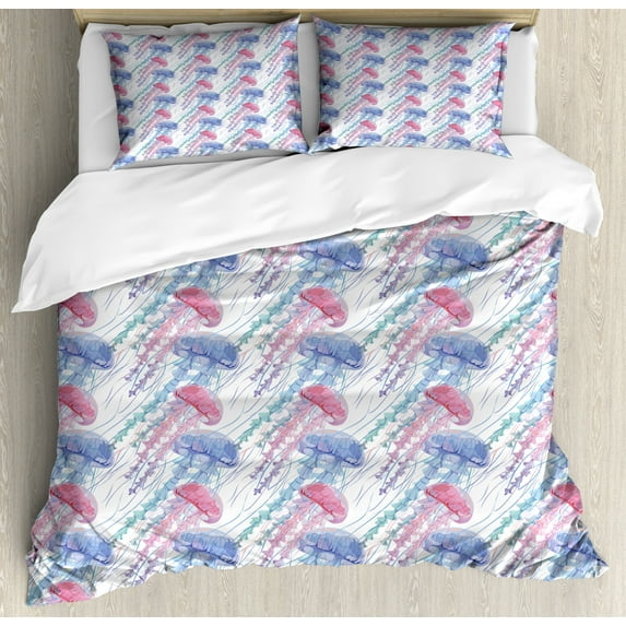 Jellyfish Duvet Cover Set King Size, Continuous Pattern of Colorful Jiggly Underwater Animal Repetition Style, Decorative 3 Piece Bedding Set with 2 Pillow Shams, Multicolor, by Ambesonne