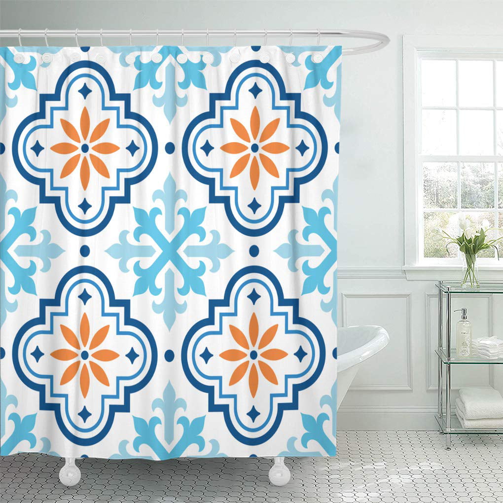 Vibrant Blue Orange White Classic Hand Painted Tile Pattern Shower Curtain