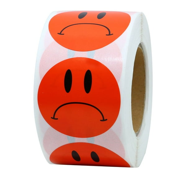Hybsk Red Sad Face Frowned Unhappy Stickers 1.5" Round 500 Total Per Roll