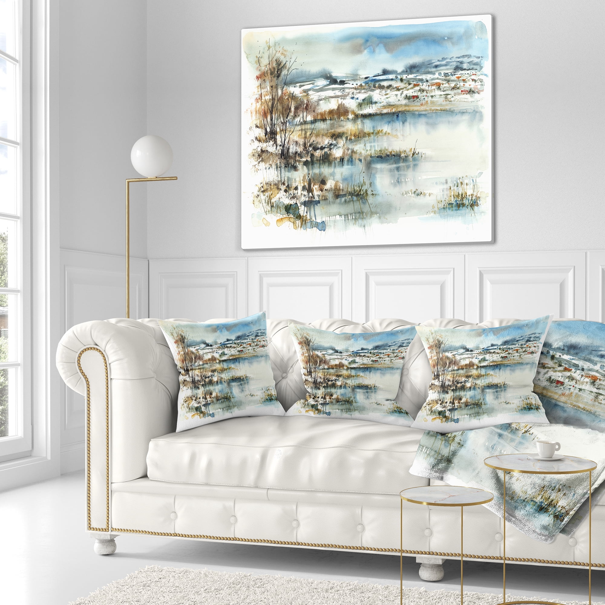 Designart Wide Blue Winter Lake Watercolor - Landscape Painting Throw Pillow - 18x18
