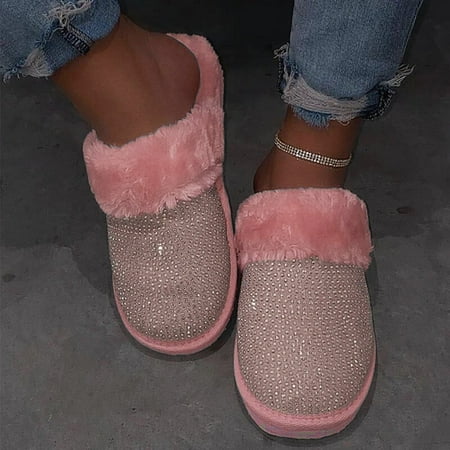 

KKCXFJX slippers for women Outdoor Women Plush Rhinestone Wool Drag Warm Slippers And Comfortable Flat Shoe Slippers