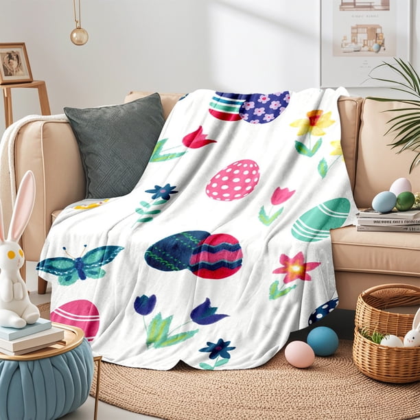 Manta de Pascua, coloridas decoraciones de Pascua para niños y niñas, manta de franela con diseño de huevo de Pascua, súper suave y cálida para sofá, sillón y cama de 40 x 60 pulgadas