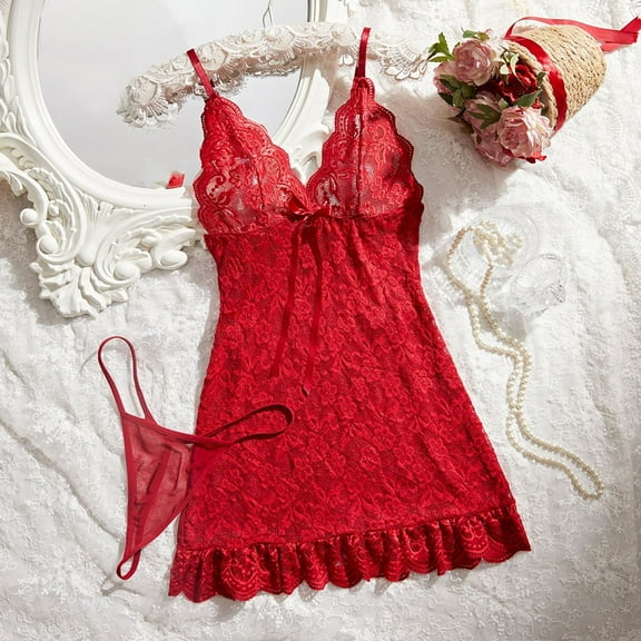 APEXFWDT Women's Lace Babydoll Set Sheer Mesh Chemise & G-String Panty 2-Piece Sleepwear (Valentine's Special)