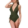 thumbnail image 1 of INSPIRAR CHIC Bikini Monokini de Cuello en V Profundo con Lazo Cruzado para Mujeres 1 Pieza Control de Abdomen Corte Alto Trajes de Baño Verde Militar, 1 of 5