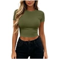 thumbnail image 3 of VBVC Women's Short Sleeve Crop Top, Ladies' Fitted Crew Neck T-Shirt, Casual Basic Solid Color Tee For Women,Army Green,S-XL, 3 of 7