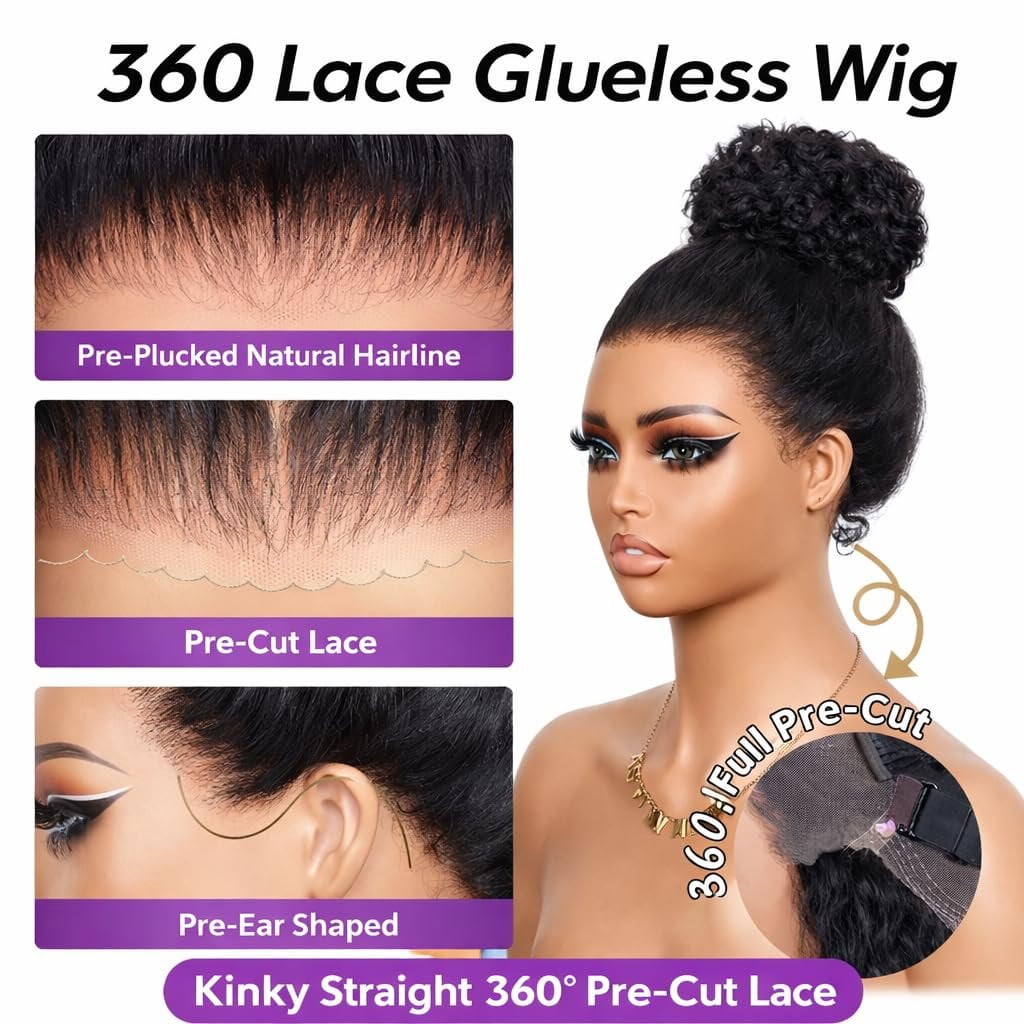 Strap Invisible Drawstring 360 Lace Wig Human Hair Pre Cut Lace Wear and Go Glueless Kinky Straight 200% Density Full Lace Wig 18 Inch